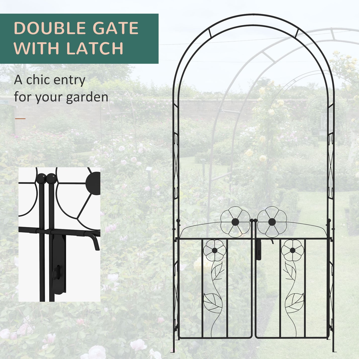 7.5FT Metal Garden Arbour with Double Gate, Arch Trellis for Climbing Vine Plants, Outdoor Wedding, Decoration, Black