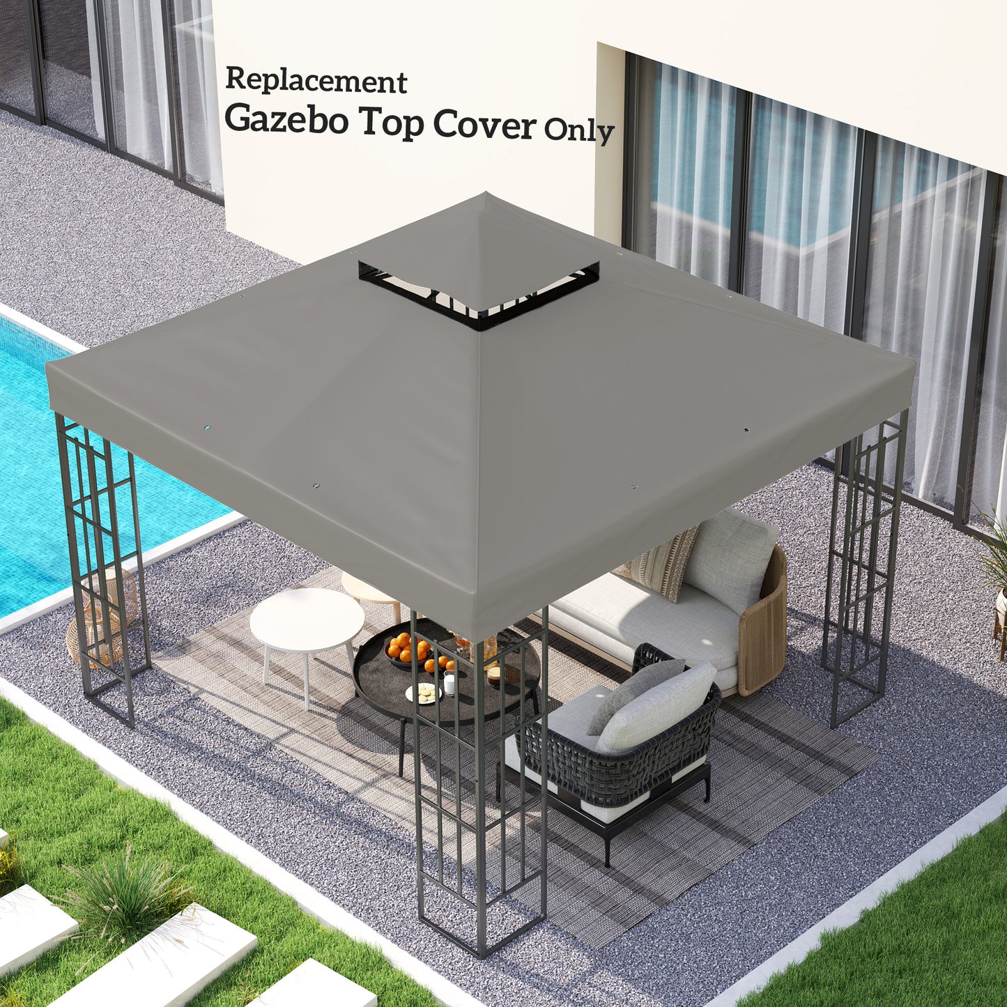 10' x 10' Gazebo Canopy Replacement Cover, 2-Tier Garden Gazebo Roof Replacement, UPF30+, TOP COVER ONLY, Grey