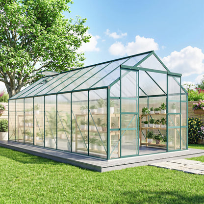 16' x 8' Aluminum Polycarbonate Greenhouse Walk-in Garden Greenhouse Kit with Adjustable Roof Vent, Rain Gutter and Sliding Door for Winter, Green
