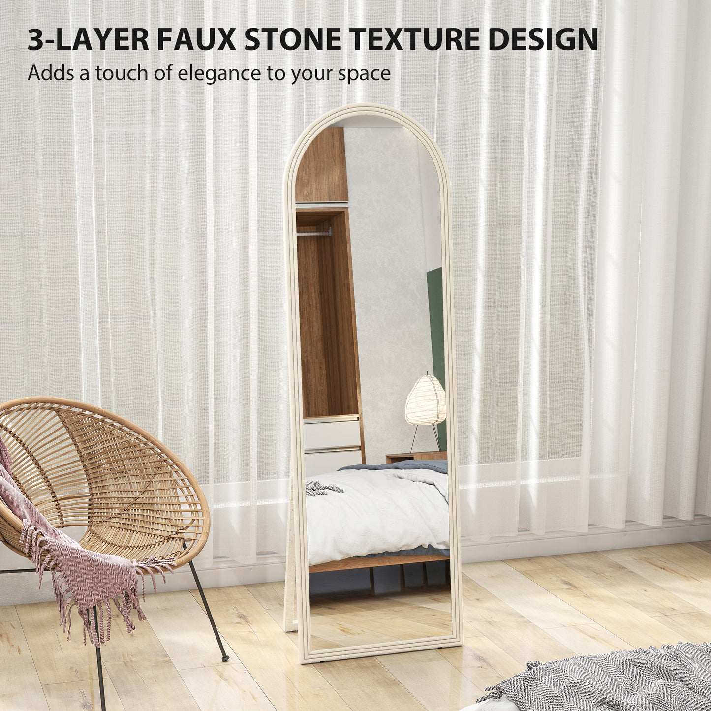 64" x 21" Full Length Mirror, Free Standing, Leaning or Wall, Arched Full Body Mirror with Faux Stone Frame, White