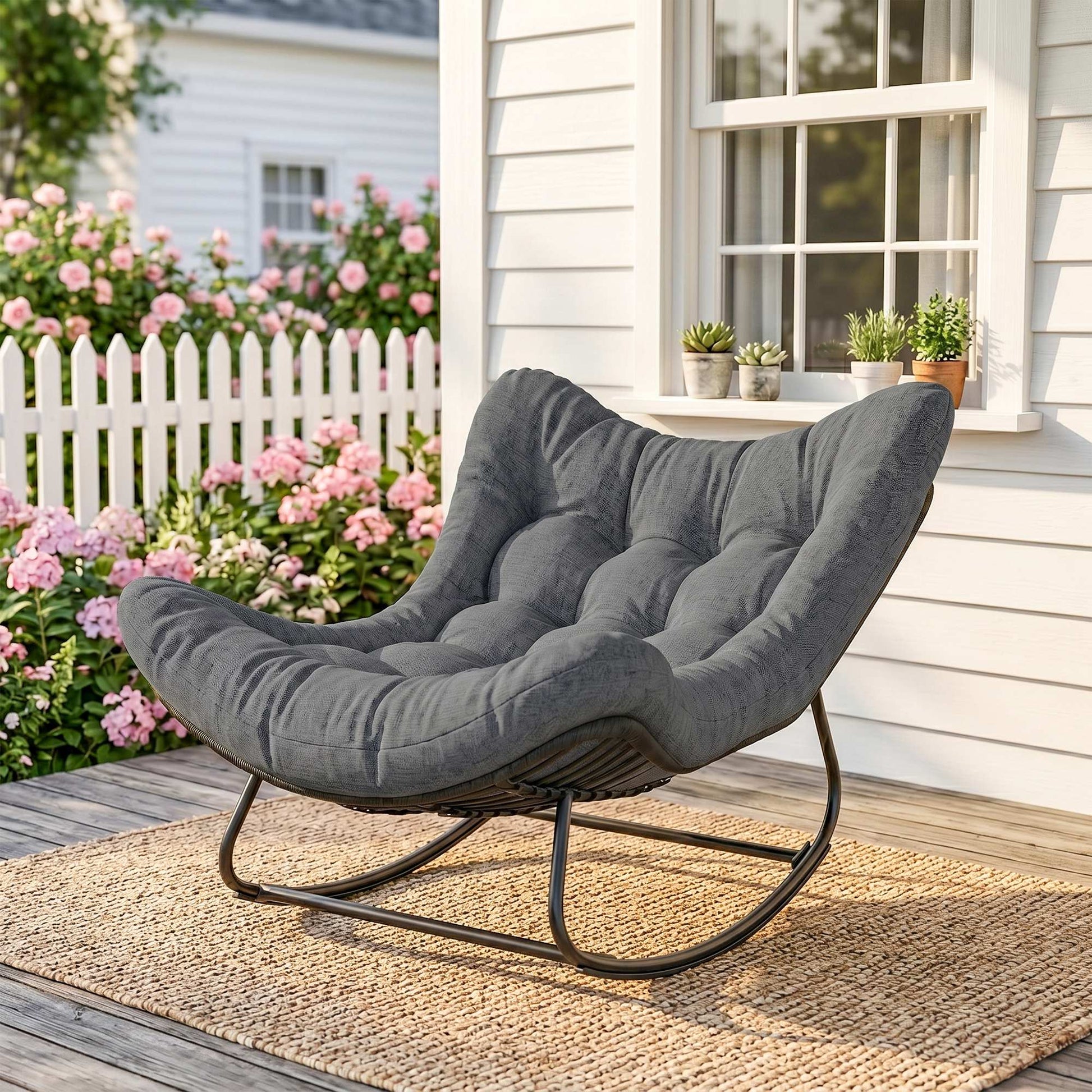 Outdoor Rocking Chair, Oversized Patio Egg Chair with Padded Cushion, Rattan Wicker for Indoor, Backyard, Dark Grey
