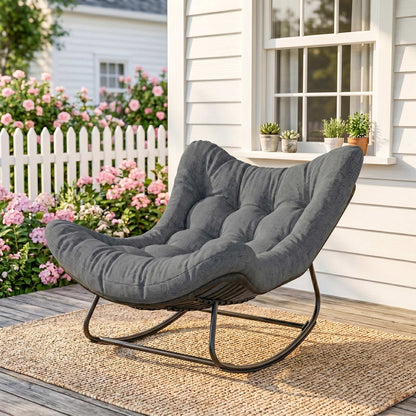 Outdoor Rocking Chair, Oversized Patio Egg Chair with Padded Cushion, Rattan Wicker for Indoor, Backyard, Dark Grey