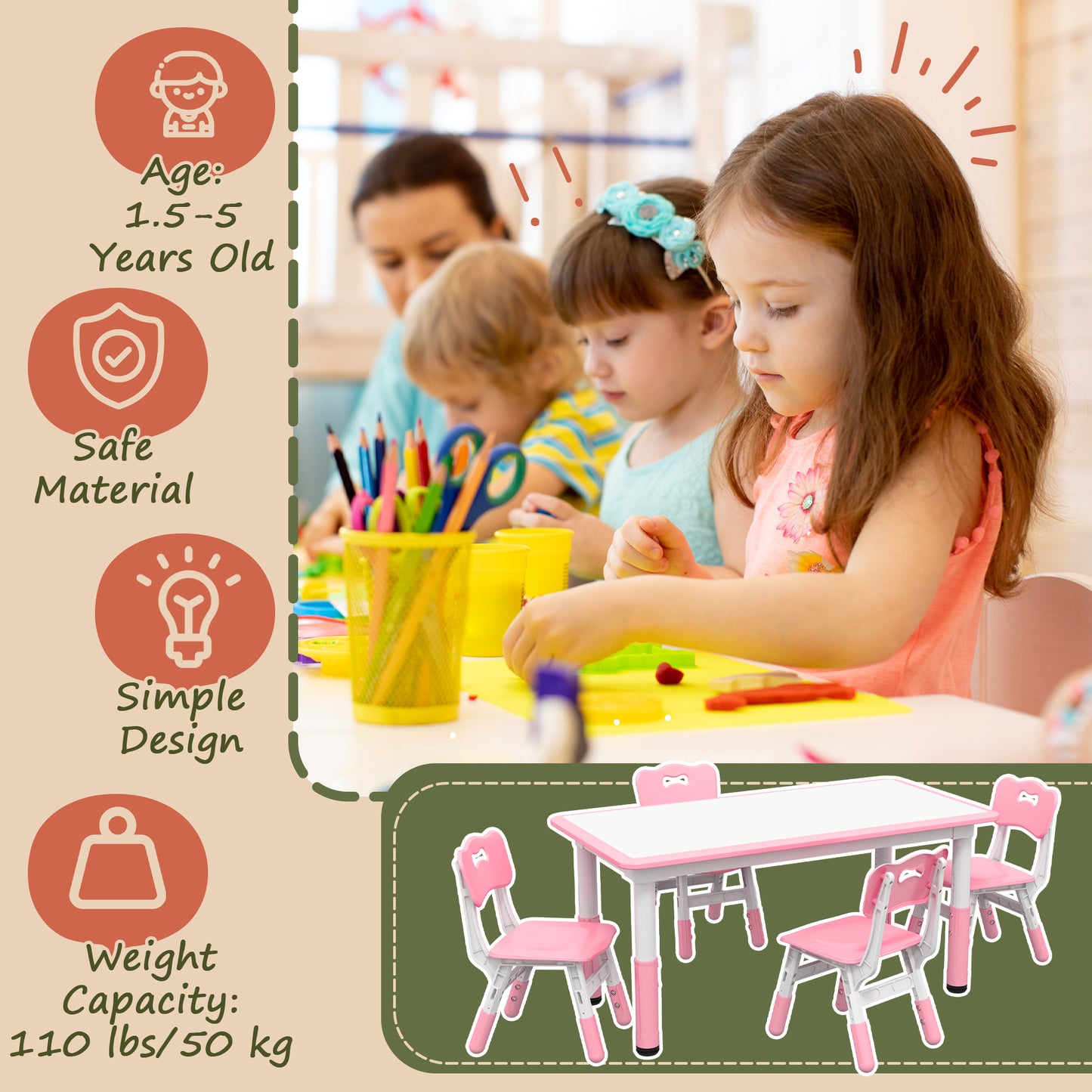 Qaba Kids Table and Chair Set with 4 Chairs, Adjustable Height, Easy to Clean, for 1.5 - 8 Years Old, Pink