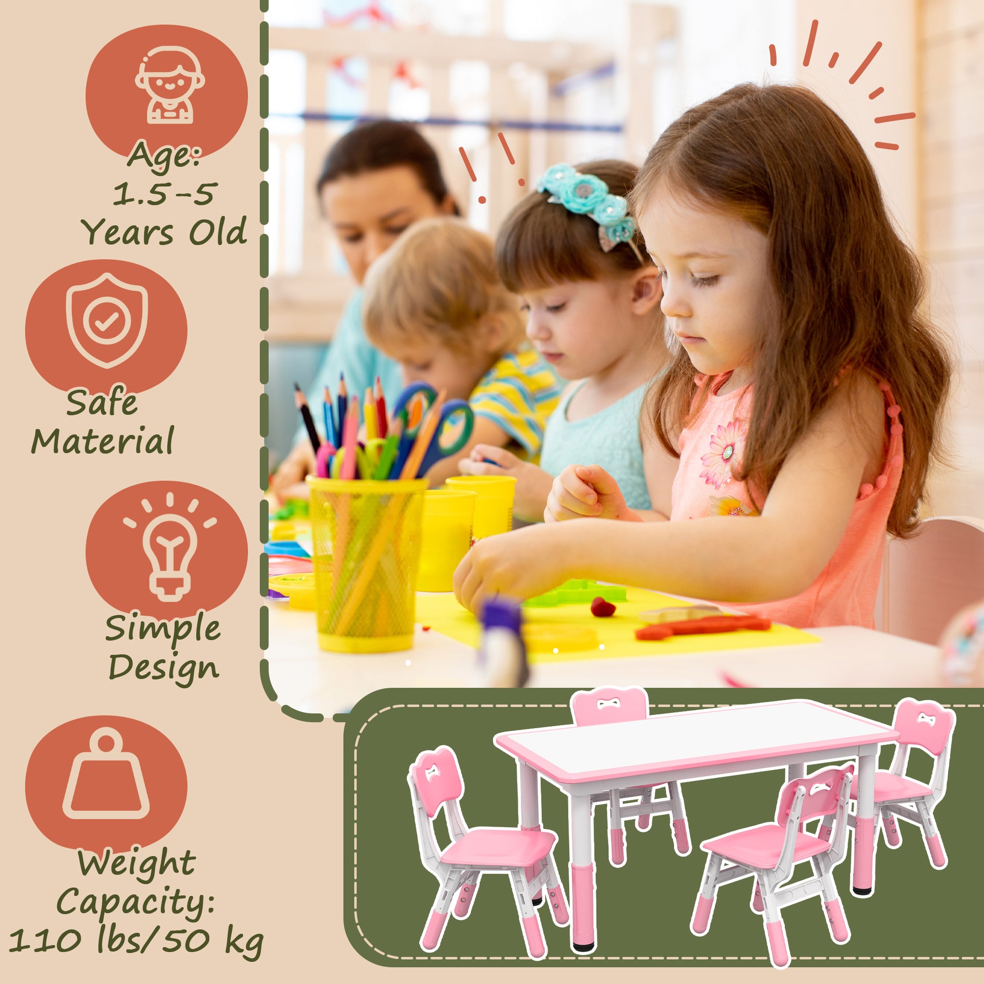 Qaba Kids Table and Chair Set with 4 Chairs, Adjustable Height, Easy to Clean, for 1.5 - 8 Years Old, Pink