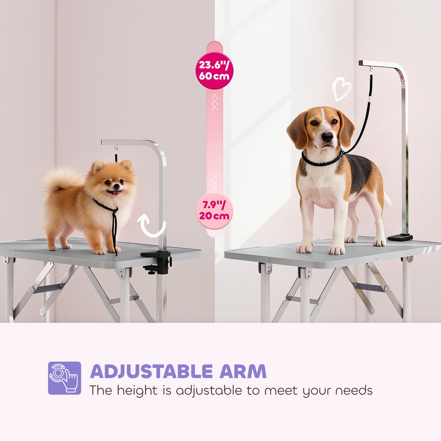 Foldable Pet Grooming Table for Dogs Cats with Adjustable Arm, Non-slip Surface, Grey