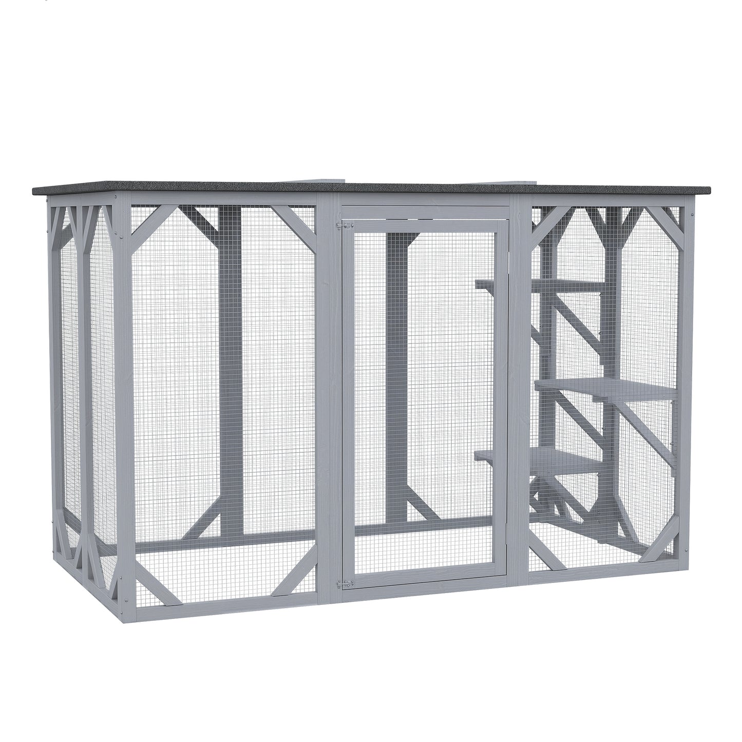 44.1" H Cat Cage, Indoor Outdoor Wooden Enclosure Pet House, Small Animal Cage Hutch, Suitable for Rabbit, Dogs, Kitten, Crate Kennel with Waterproof Roof, Multi-Level Platforms, Lock, Grey