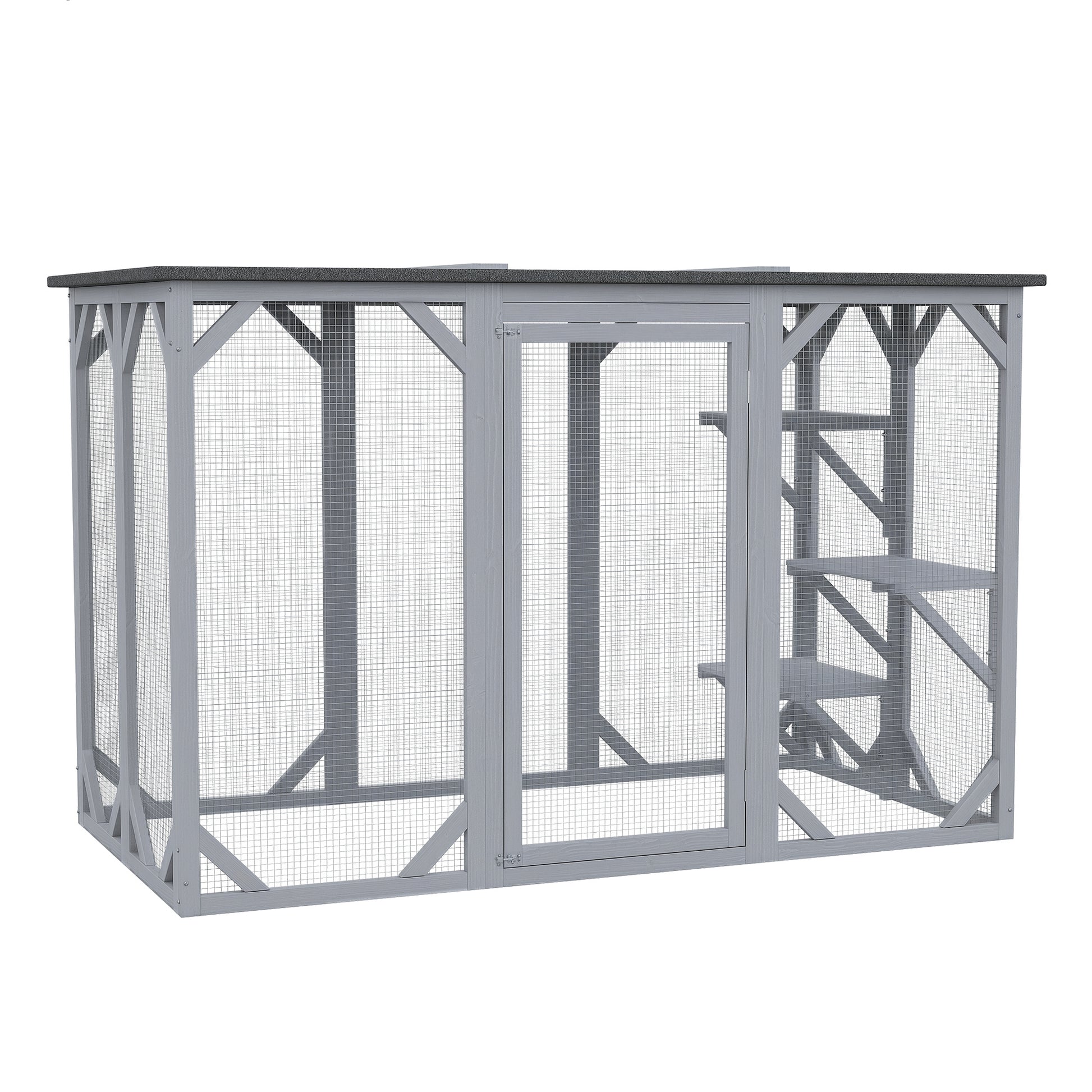 44.1" H Cat Cage, Indoor Outdoor Wooden Enclosure Pet House, Small Animal Cage Hutch, Suitable for Rabbit, Dogs, Kitten, Crate Kennel with Waterproof Roof, Multi-Level Platforms, Lock, Grey