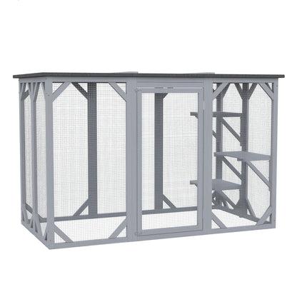 44.1" H Cat Cage, Indoor Outdoor Wooden Enclosure Pet House, Small Animal Cage Hutch, Suitable for Rabbit, Dogs, Kitten, Crate Kennel with Waterproof Roof, Multi-Level Platforms, Lock, Grey