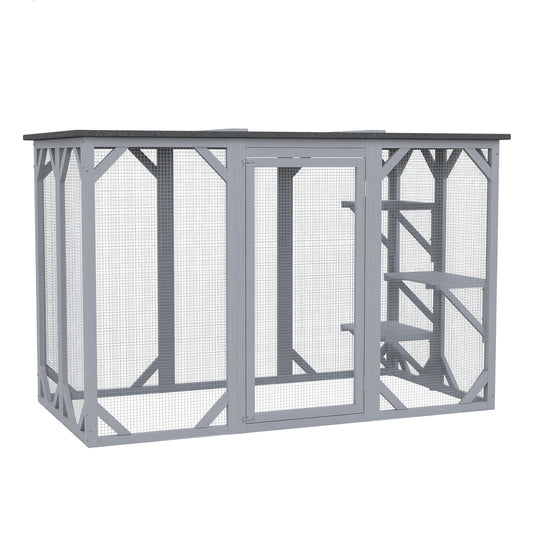 44.1" H Cat Cage, Indoor Outdoor Wooden Enclosure Pet House, Small Animal Cage Hutch, Suitable for Rabbit, Dogs, Kitten, Crate Kennel with Waterproof Roof, Multi-Level Platforms, Lock, Grey