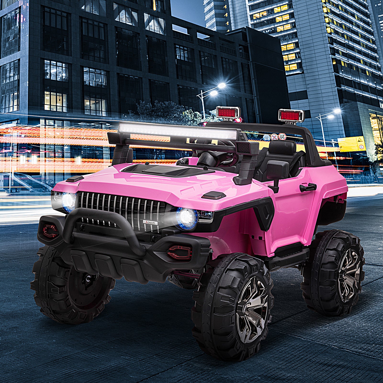 Aosom 2-Seater Kids Ride On Police Car, 12V 7AH Remote Control Police Truck Electric Car for Toddlers with LED Lights, Big Off-road Wheels, 4 Shock Absorbers, MP3, Storage, Pink