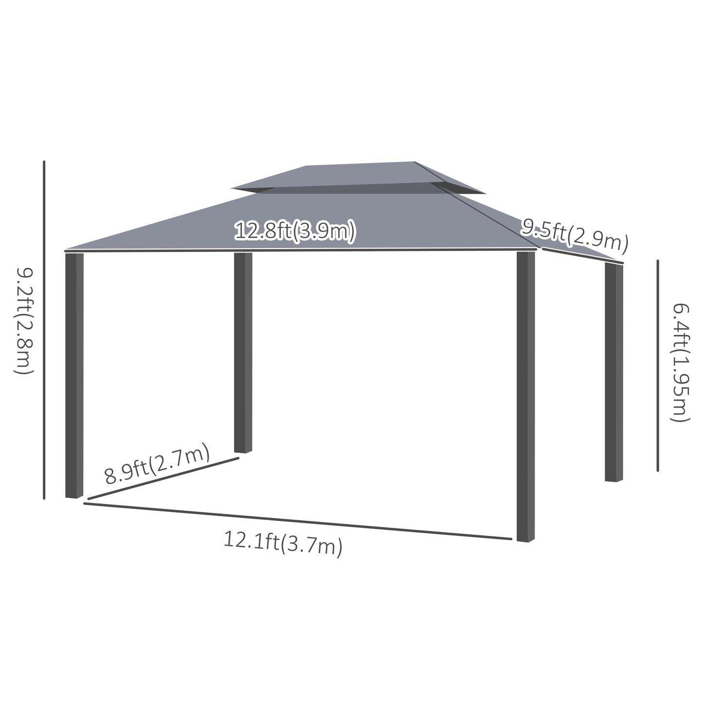 13' x 10' Patio Gazebo Canopy with 2-Tier Polyester Roof, Vented Mesh Sidewall & Strong Aluminum Frame, Grey