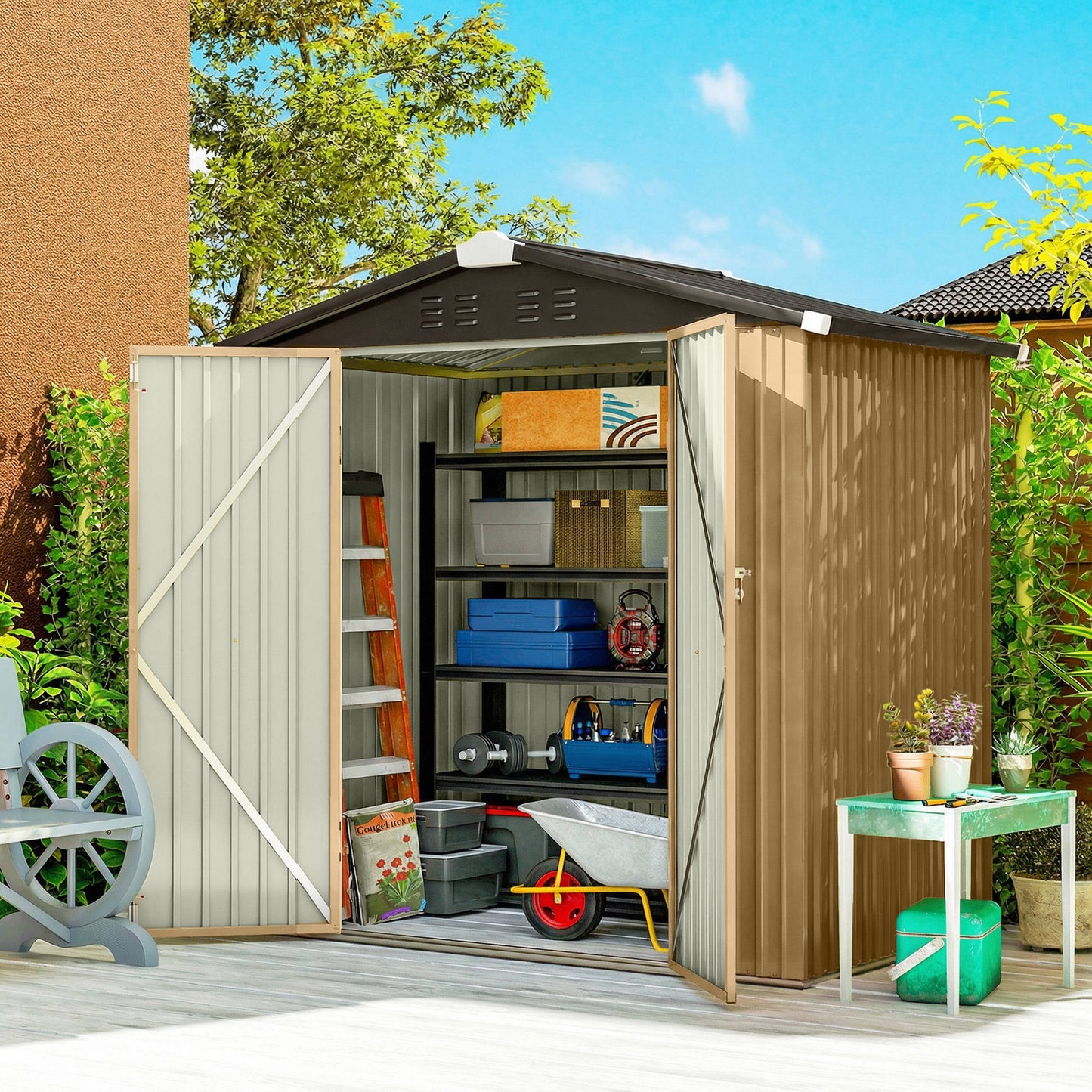 6.5' x 4' Outdoor Storage Shed, Metal Garden Shed with Lockable Double Doors, 4 Vents, Yellow