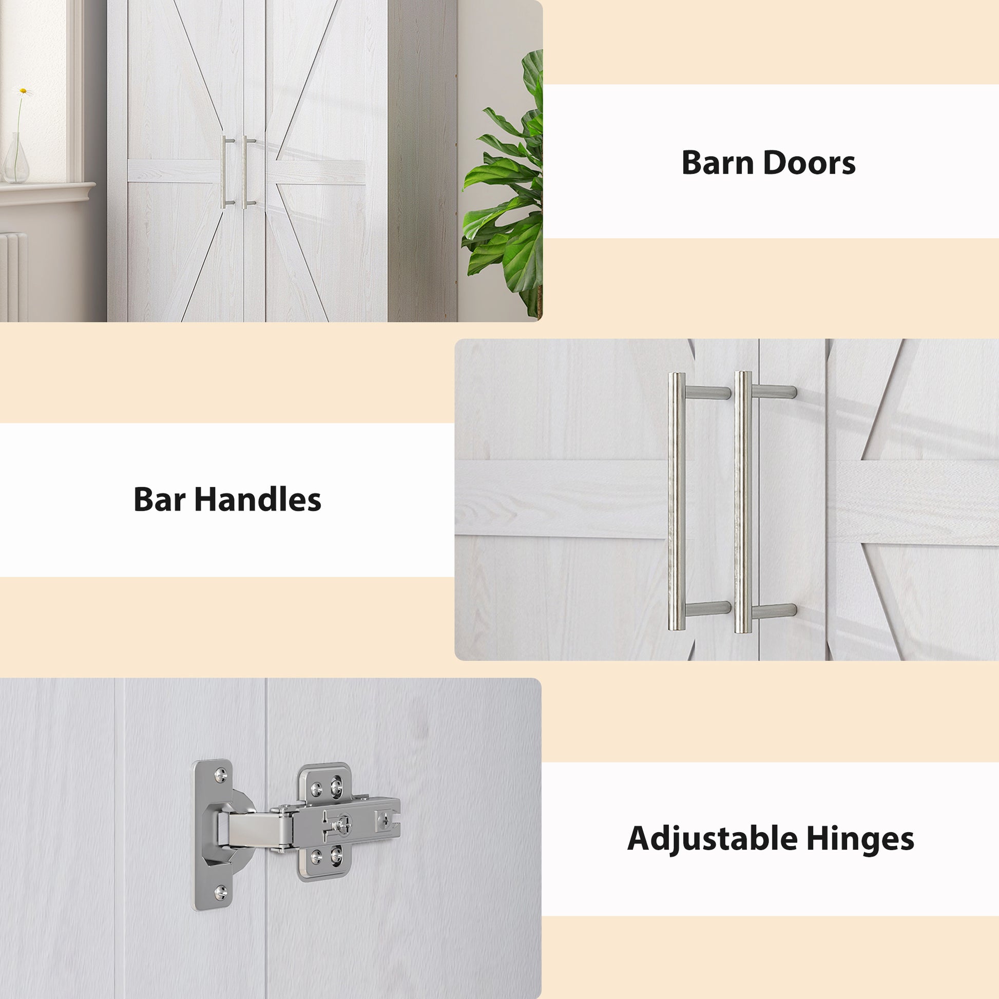 Wardrobe Cabinet with Hanging Rod, Anti-Tipping and 2 Barn Doors, Farmhouse Wardrobe Closet for Bedroom, White Wood Effect