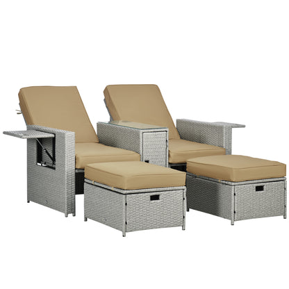 5PC Wicker Patio Lounger, Outdoor PE Rattan 5-level Adjustable Recliner Sofa Bed with Storage Side Table and Footstools, for Patio, Garden, Poolside, Khaki