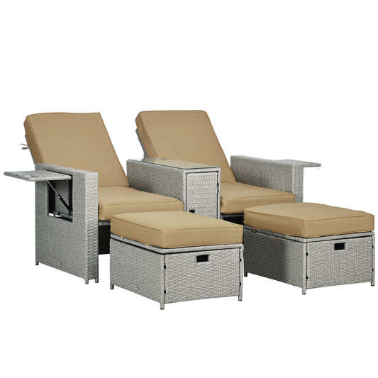 5PC Wicker Patio Lounger, Outdoor PE Rattan 5-level Adjustable Recliner Sofa Bed with Storage Side Table and Footstools, for Patio, Garden, Poolside, Khaki