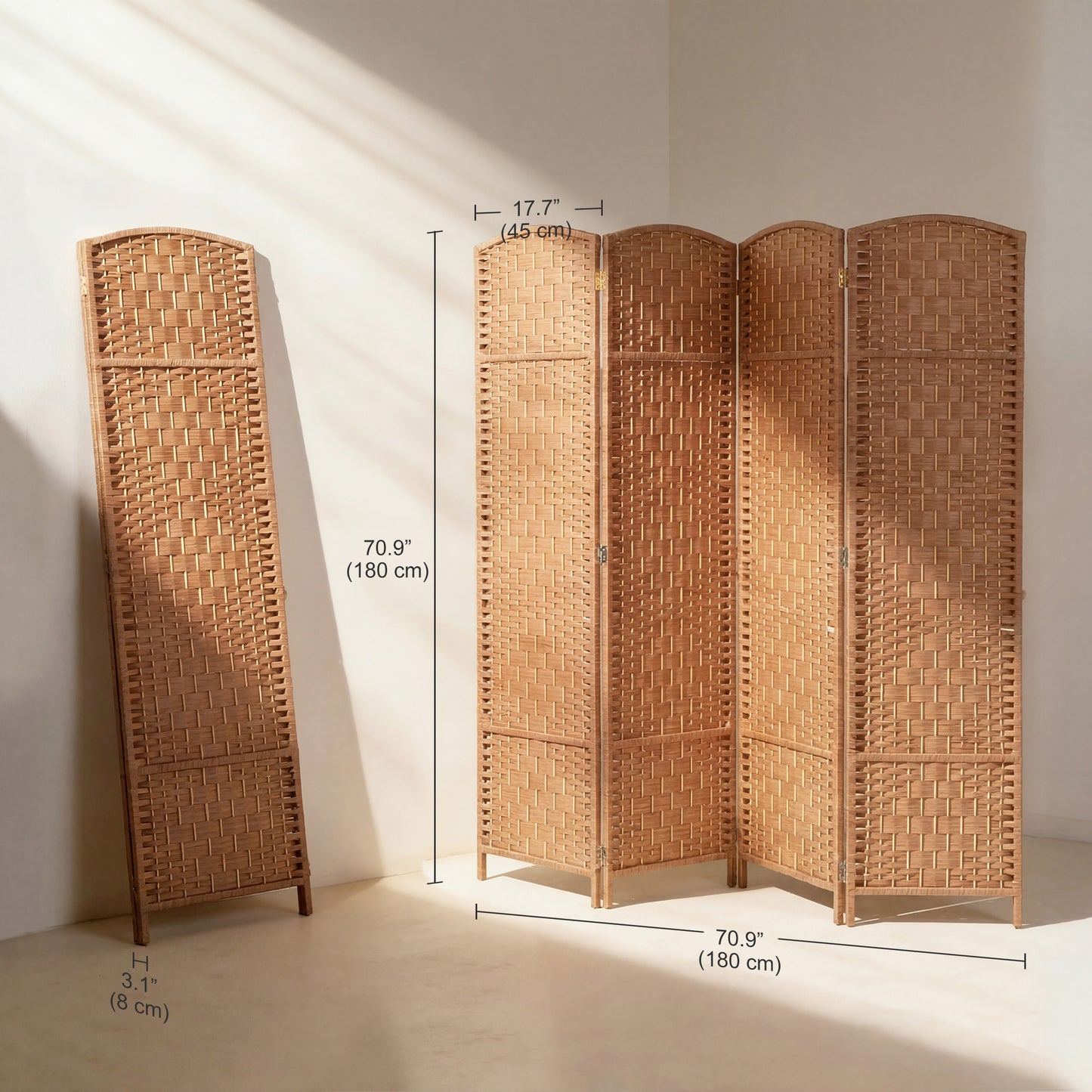 6ft Folding Room Divider, 4 Panel Wall Partition with Wooden Frame for Bedroom, Home Office, Natural