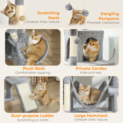 76" Large Cat Tree for Indoor Cats with 8 Scratching Posts, 3 Plush Beds, 2 Hammocks, 2 Large Condos, Ramp, Light Grey