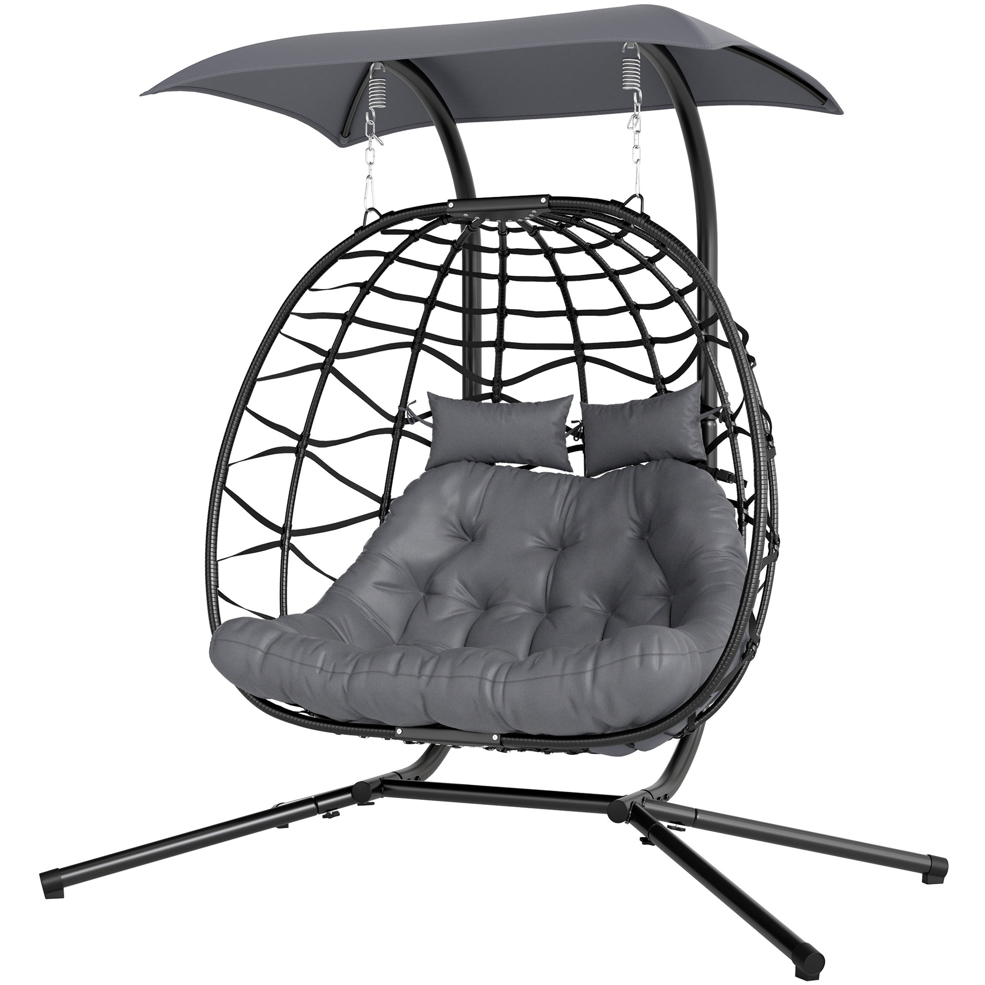 Double Wicker Egg Swing Chair with Canopy, Foldable Hanging Egg Chair with Stand Cushion Headrest, Black