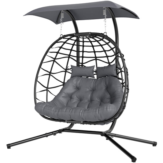 Double Wicker Egg Swing Chair with Canopy, Foldable Hanging Egg Chair with Stand Cushion Headrest, Black