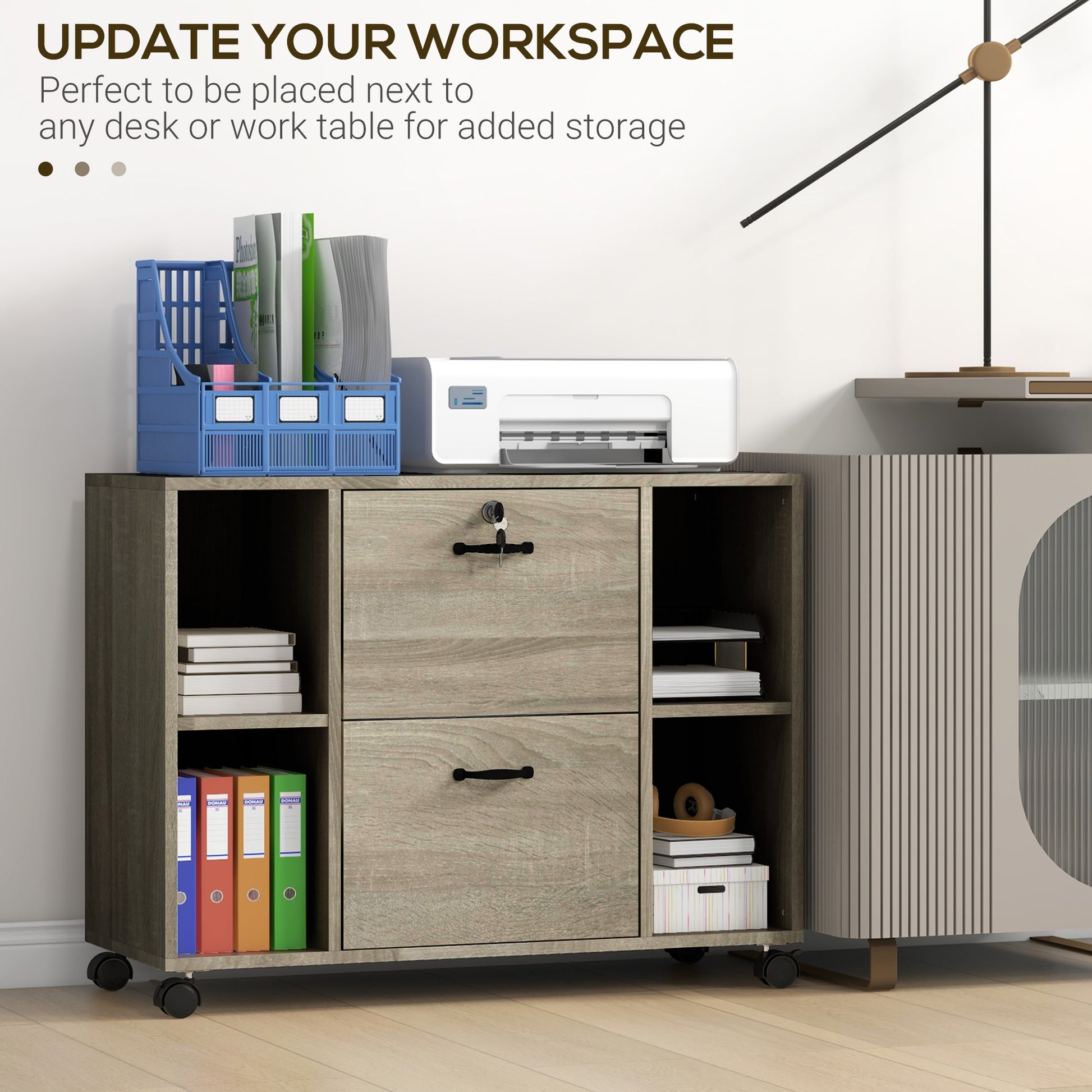 Lateral Filing Cabinet with Wheels and Lockable Drawer, File Cabinet, Mobile Printer Stand with Open Shelves for Letter and A4 Size Documents for Home Office, Grey