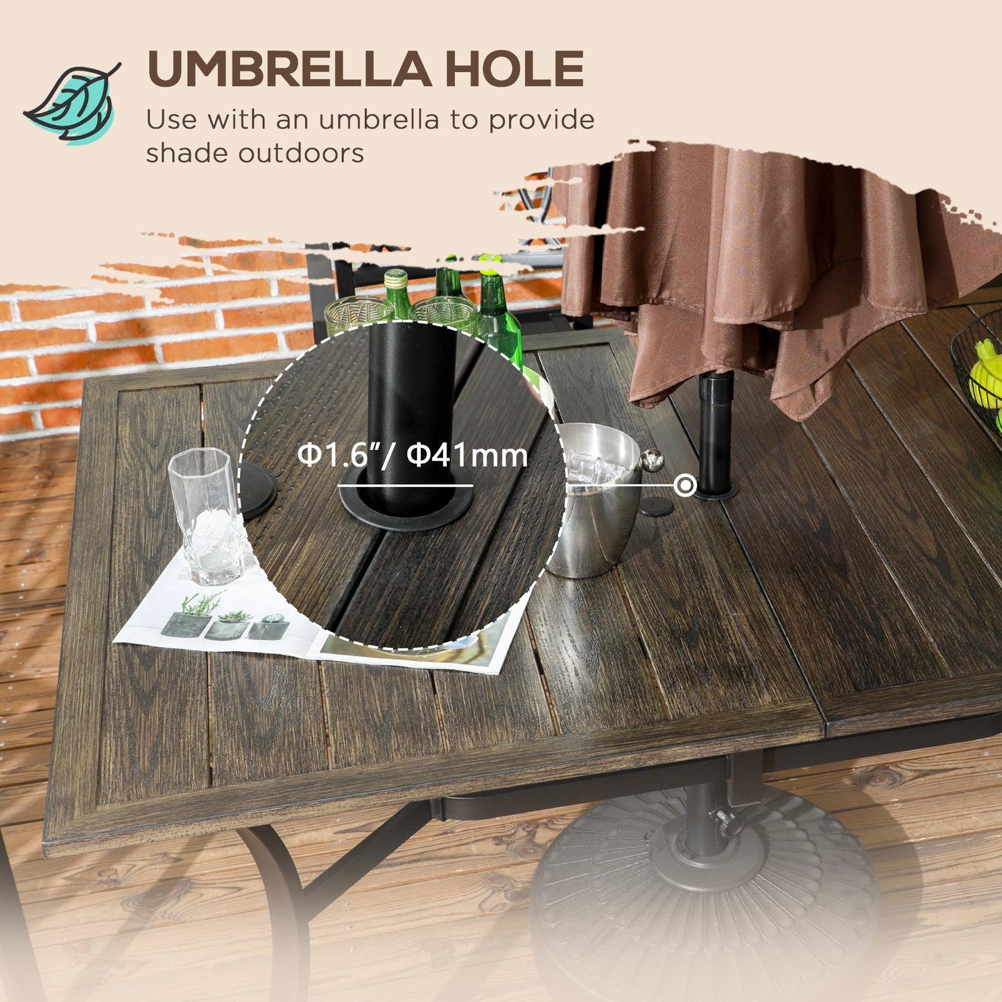 Steel Frame 59 Inch Outdoor Dining Table for Six with Parasol Hole, Wood Grain Tabletop, for Backyard, Garden, Brown