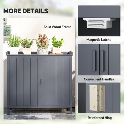Garden Storage Cabinet, Outdoor Potting Bench Table with Galvanized Top and Shelf, Tool Shed with Double Doors, Grey