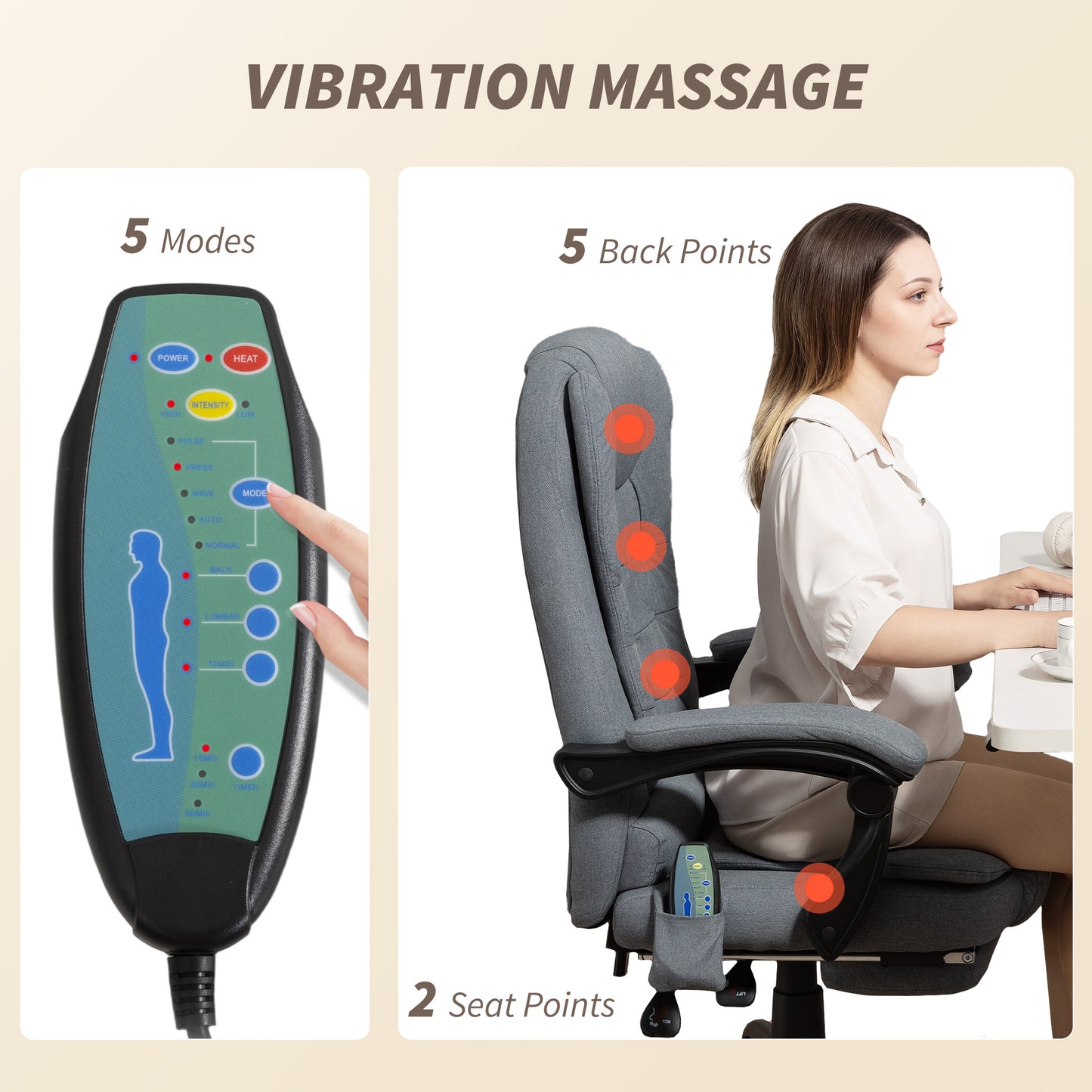 7-Point Vibrating Massage Chair, Reclining Office Chair with Footrest, Reclining Back, Adjustable Height, Grey