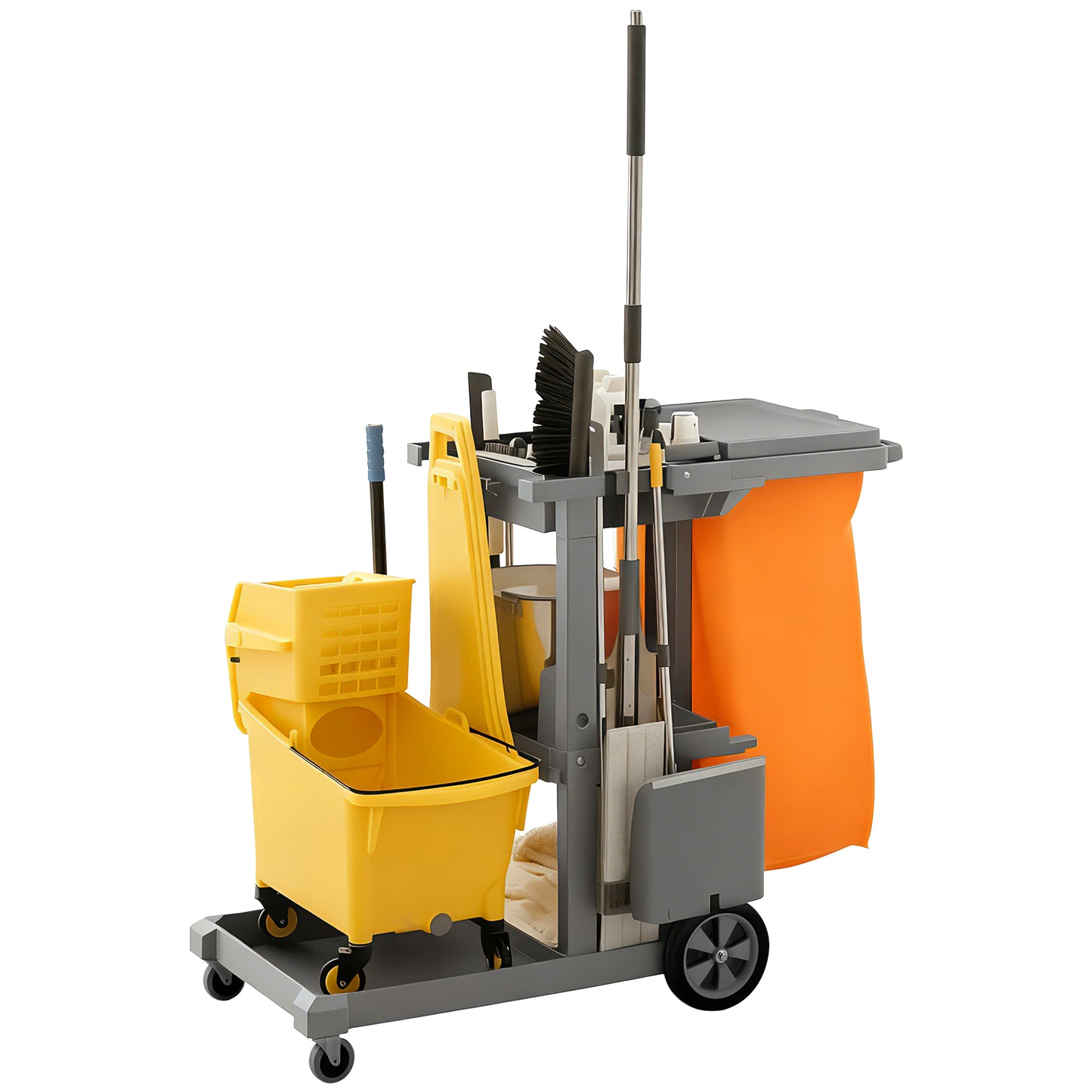 Commercial Janitorial Cart with 3 Tier Shelves, Cleaning Cart with Rubbish Bag and Mop Mount for Hotel Restaurant, Grey