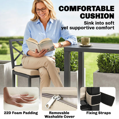 3 Piece Patio Bar Set, Outdoor Bar Table and Stools, Electrophoresis Steel Tabletop, X Back, Footrest, Cushions, Khaki