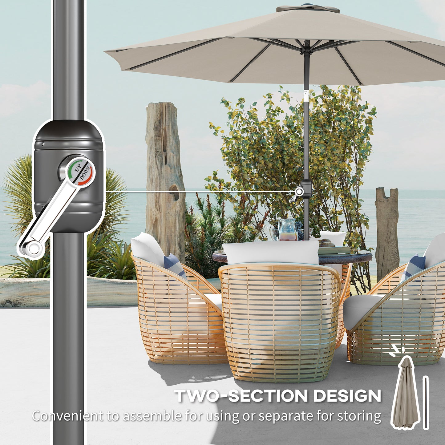 10' x 8' Round Market Umbrella, Patio Umbrella with Crank Handle and Tilt, Outdoor Parasol for Garden, Bench, Lawn, Light Grey