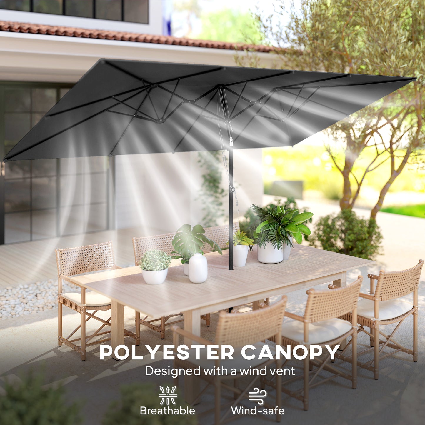 Double-Sided Patio Umbrella Parasol with Tilt, Adjustable Height, Vents and 12 Ribs, for Garden, Deck, Grey