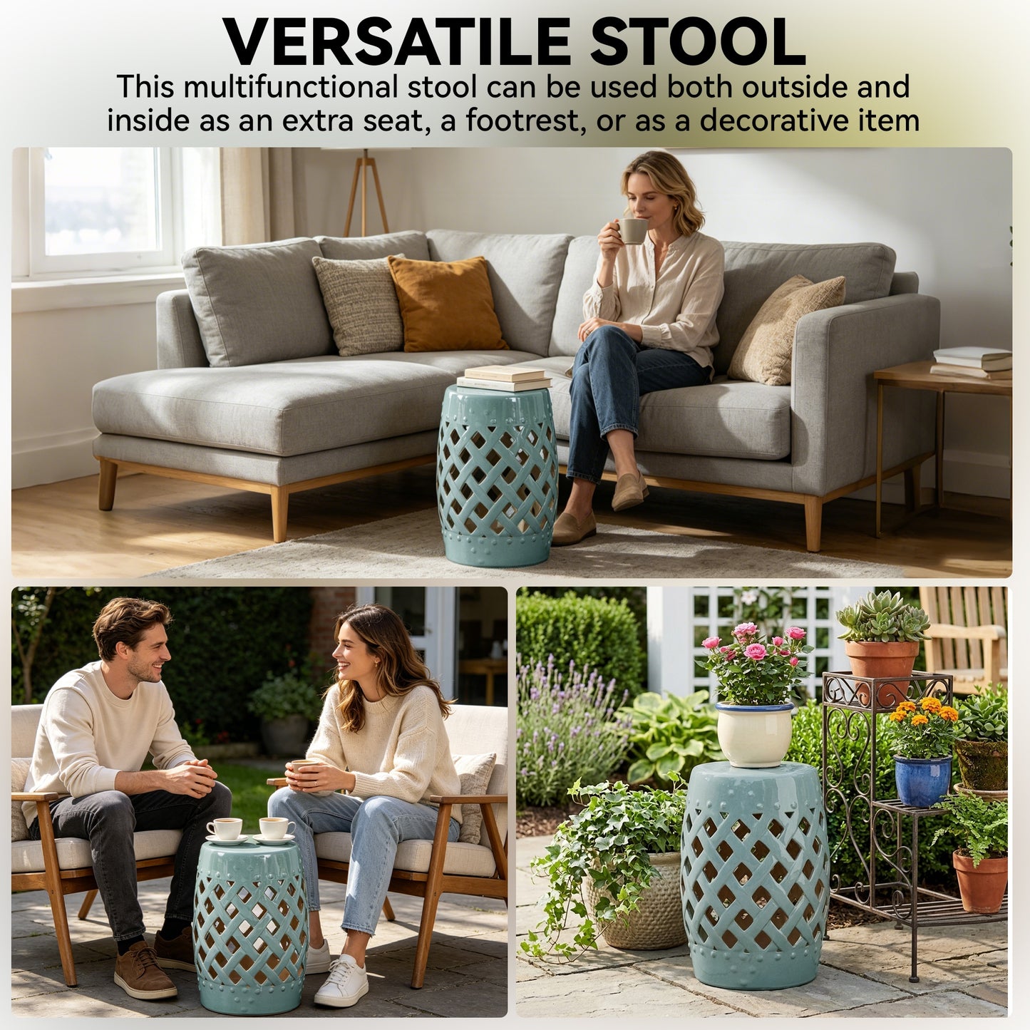 18" Ceramic Garden Stool with Woven Lattice Design, Indoor & Outdoor Decorative Accent Stool, Blue