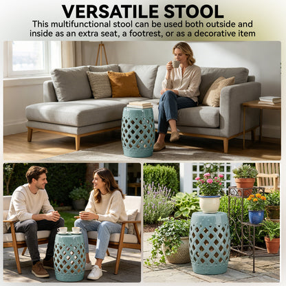 18" Ceramic Garden Stool with Woven Lattice Design, Indoor & Outdoor Decorative Accent Stool, Blue
