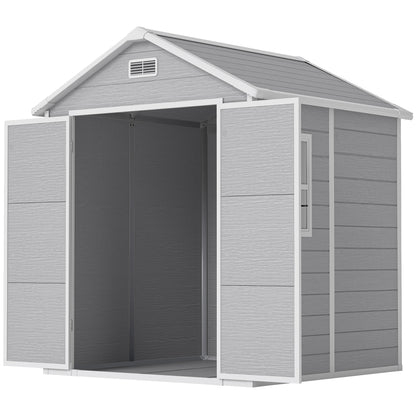 6x5 Plastic Garden Storage Shed with Floor Window Lockable Doors and Vents Outdoor Wood Effect Grey