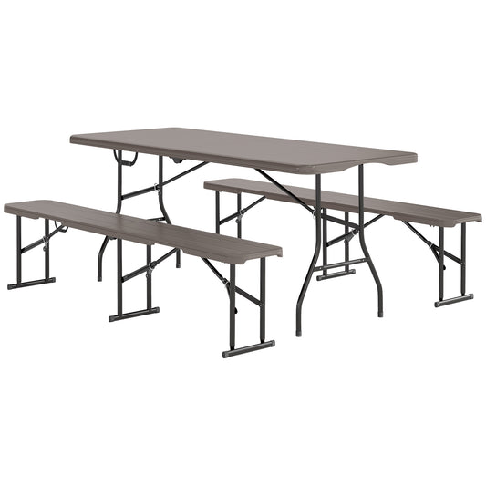 6FT 3PCS Faux Rattan Outdoor Camping Table Bench Set with Carrying Handles, Folding Picnic Table with 2 Benches, Brown