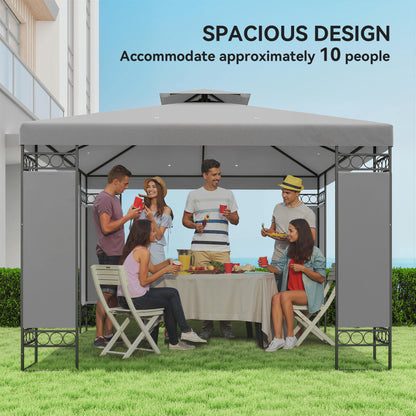 10' x 10' Canopy Gazebo, Double Roof Patio Gazebo with Screen Panels and Metal Frame for Deck, Backyard, Light Grey