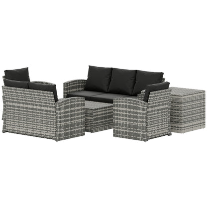 6 Pieces Wicker Patio Furniture Set with Cushions, 7-Seater Rattan Patio Sofa Set with Storage Coffee Table & Side Table, Sectional Outdoor Furniture Set, Black
