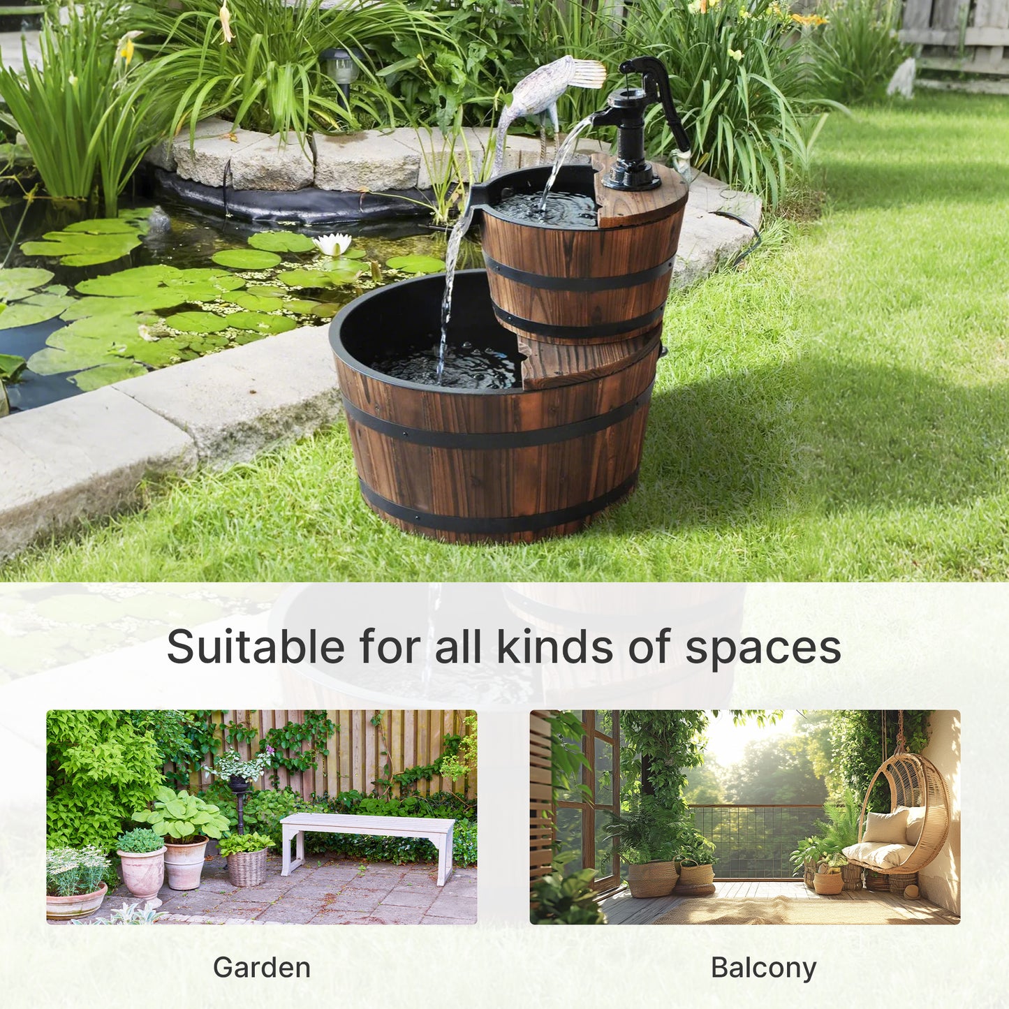 2-Tier Wooden Barrel Water Fountain with Electric Pump Cascading Feature Outdoor Indoor Decoration