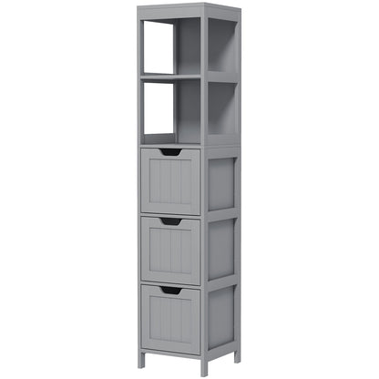 Narrow Bathroom Cabinet with 3 Drawers and 2 Tier Shelf, Tall Cupboard Freestanding Linen Tower, Grey
