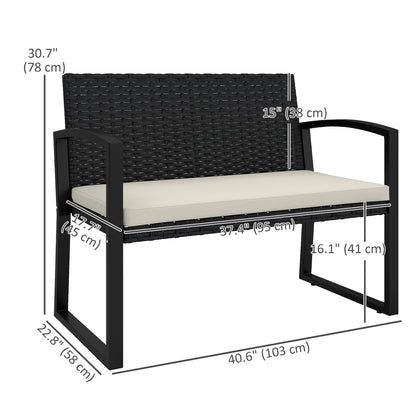 2 Seater Outdoor Bench, Rattan Garden Bench Loveseat with Cushion, Armrests, Steel Frame for Patio, Porch, Beige