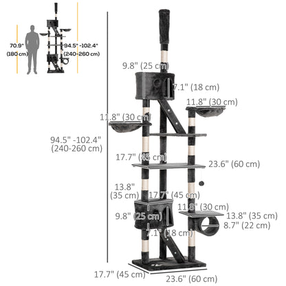 94"-102" Floor to Ceiling Cat Tree High Cat Condo Scratching Post Activity Center Multi-Level Play House Dark Grey