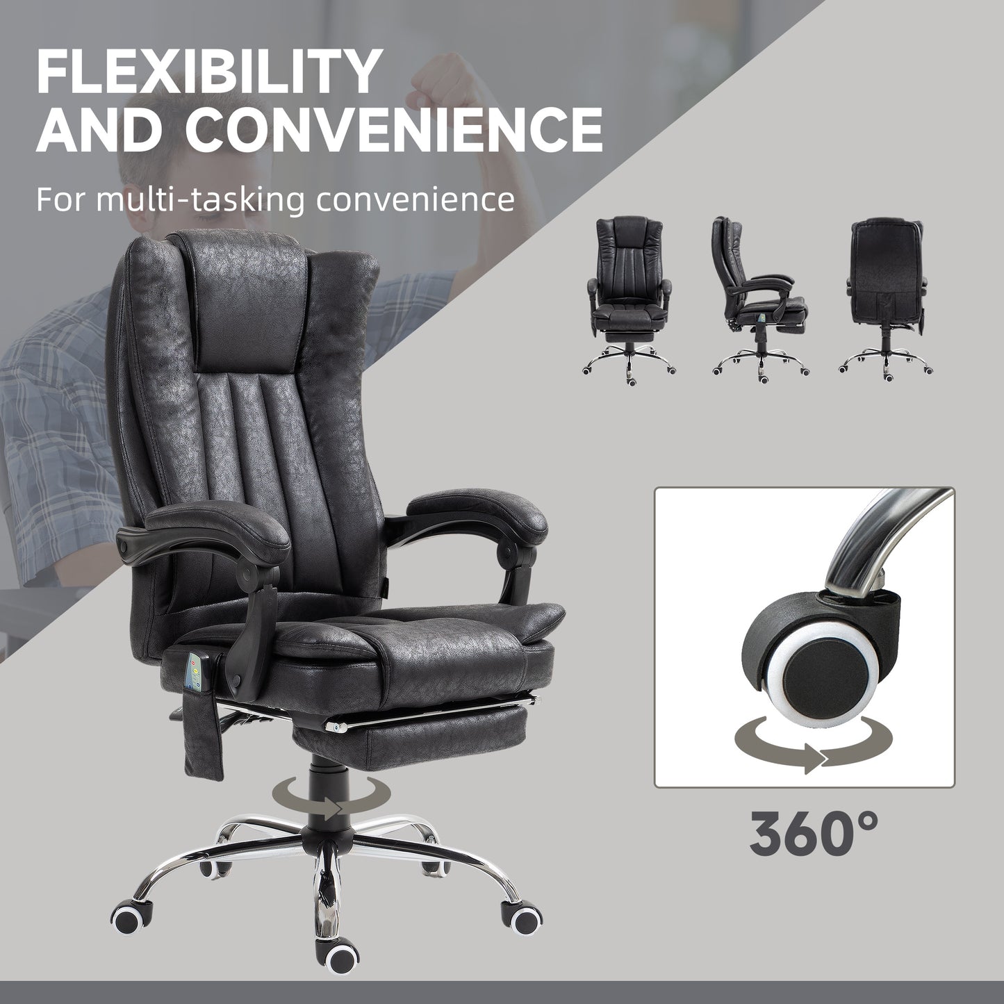Office Chair 6-point Vibration Massage Chair Micro Fiber Recliner with Retractable Footrest Black