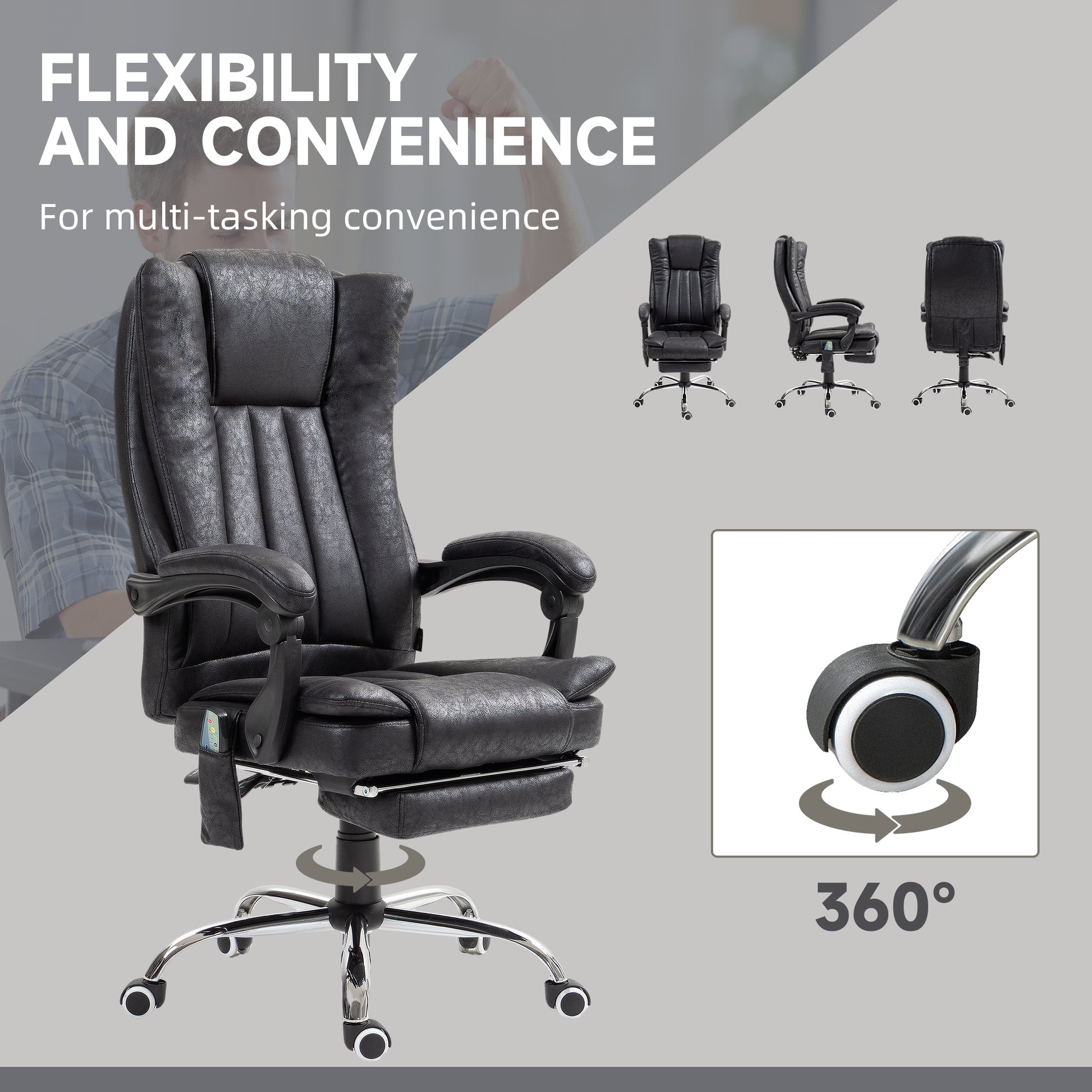 Office Chair 6-point Vibration Massage Chair Micro Fiber Recliner with Retractable Footrest Black