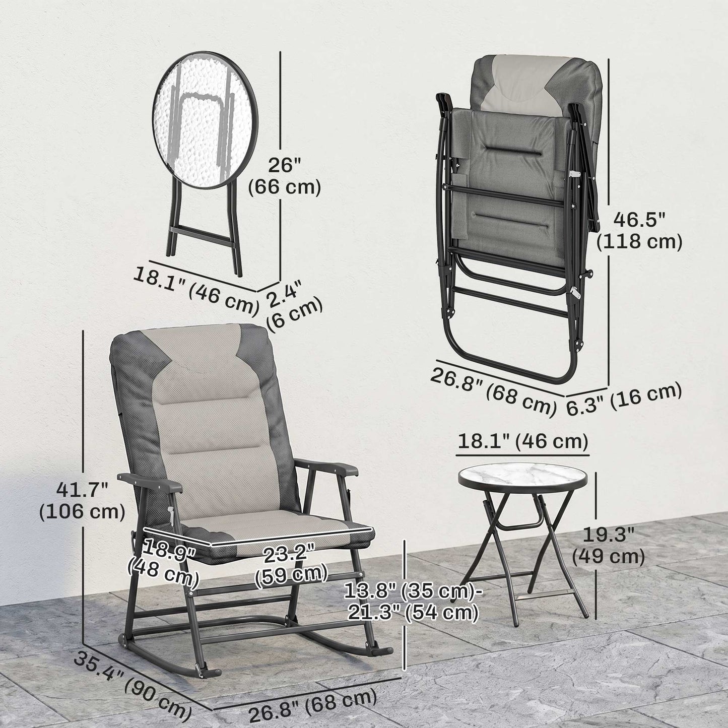 3-Piece Outdoor Foldable Rocking Chair Set, Light Grey