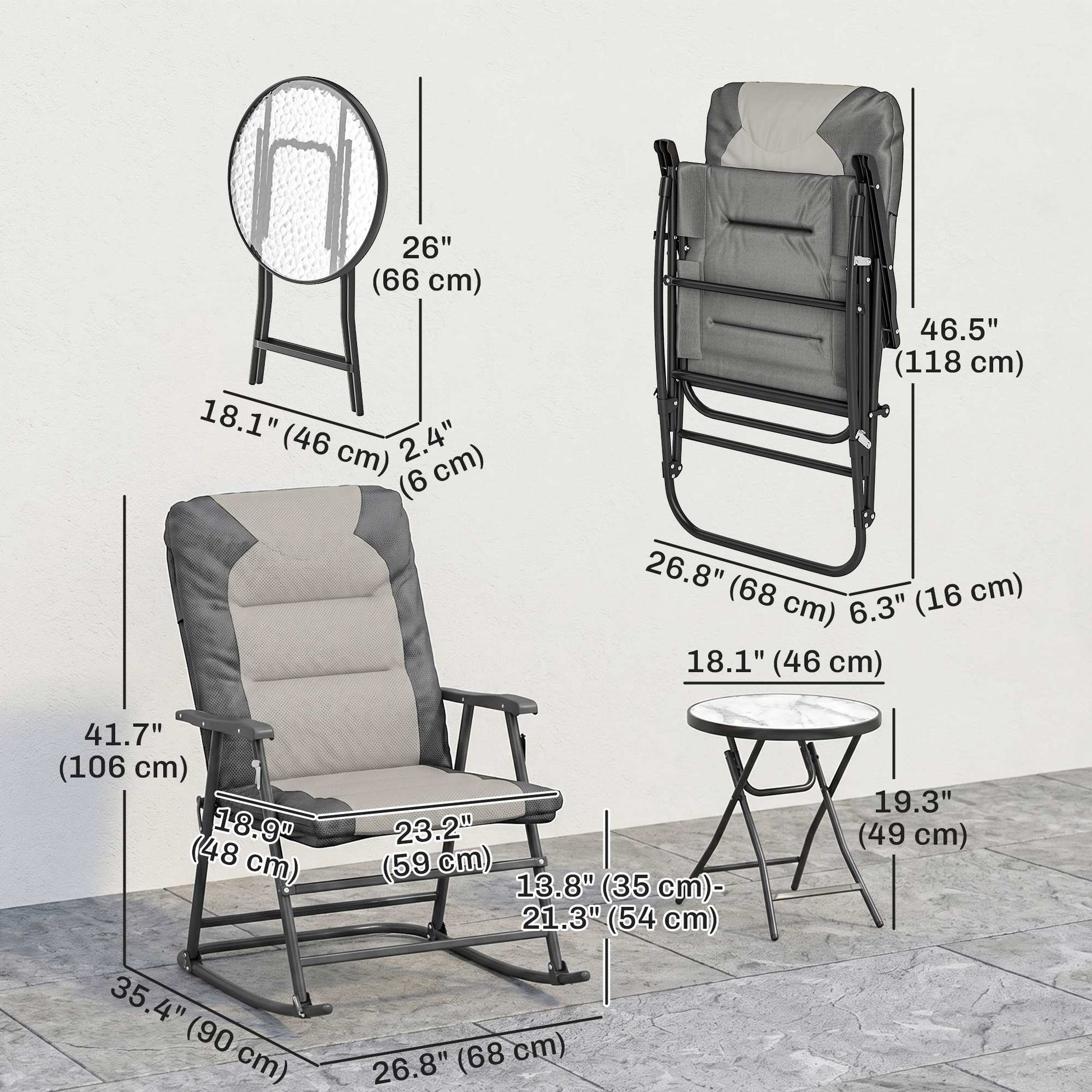 3-Piece Outdoor Foldable Rocking Chair Set, Light Grey