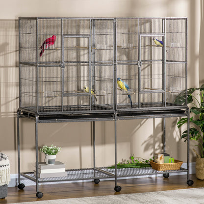 64" Extra Large Bird Cage, Rolling Metal Parrot Cage, Bird House with Detachable Rolling Stand, Storage Shelf, Wood Perch, Food Container, 62.8" x 18.9" x 64.2", Black