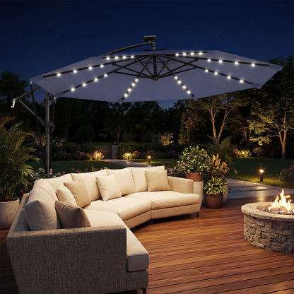 9.7ft Solar LED Cantilever Patio Umbrella with 32 LED Lights, Cross Base, Crank Handle, for Poolside, Deck, Dark Blue