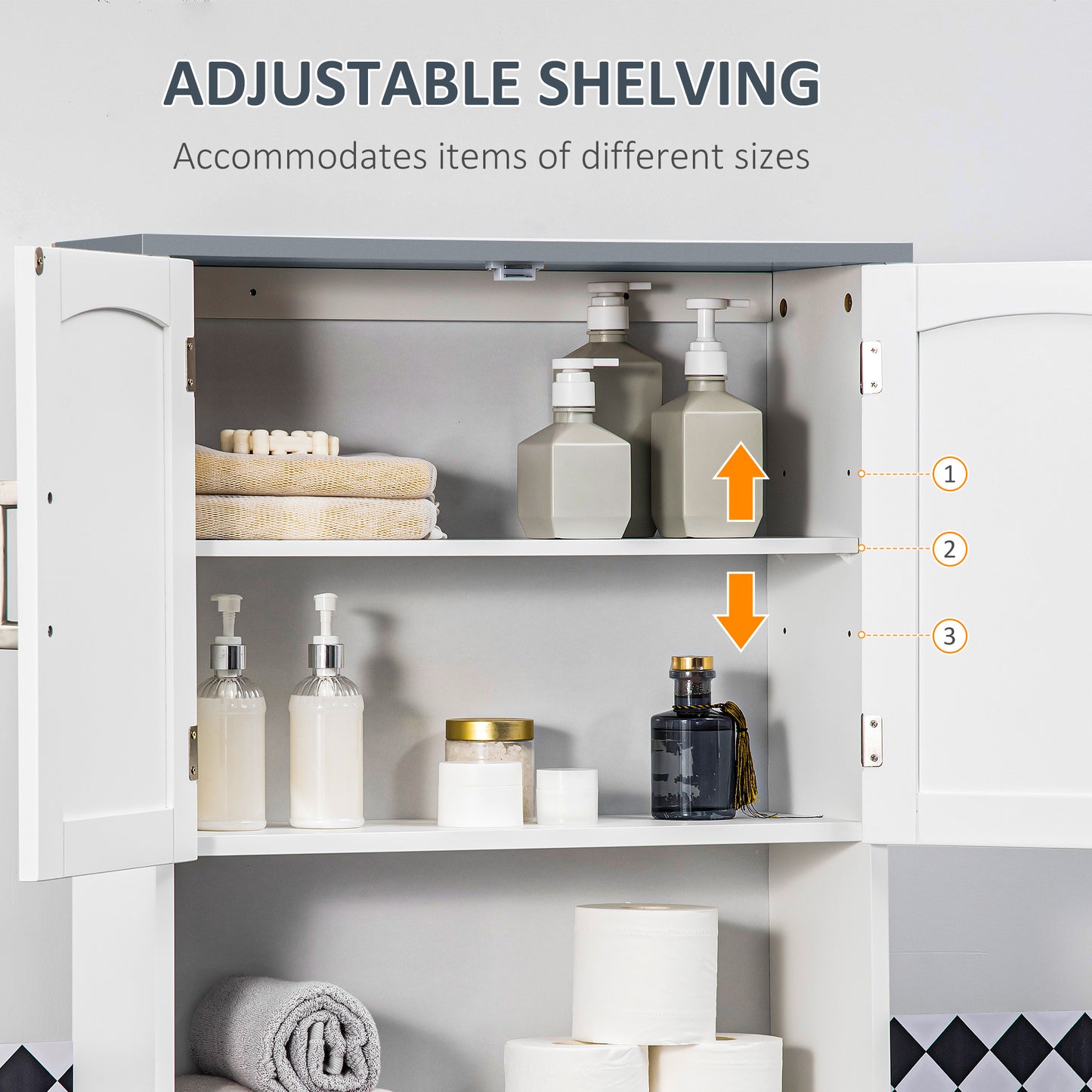 Modern Over The Toilet Storage Cabinet, Double Door Over Toilet Bathroom Organizer with Adjustable Shelf and Open Shelf, Space Saver, White