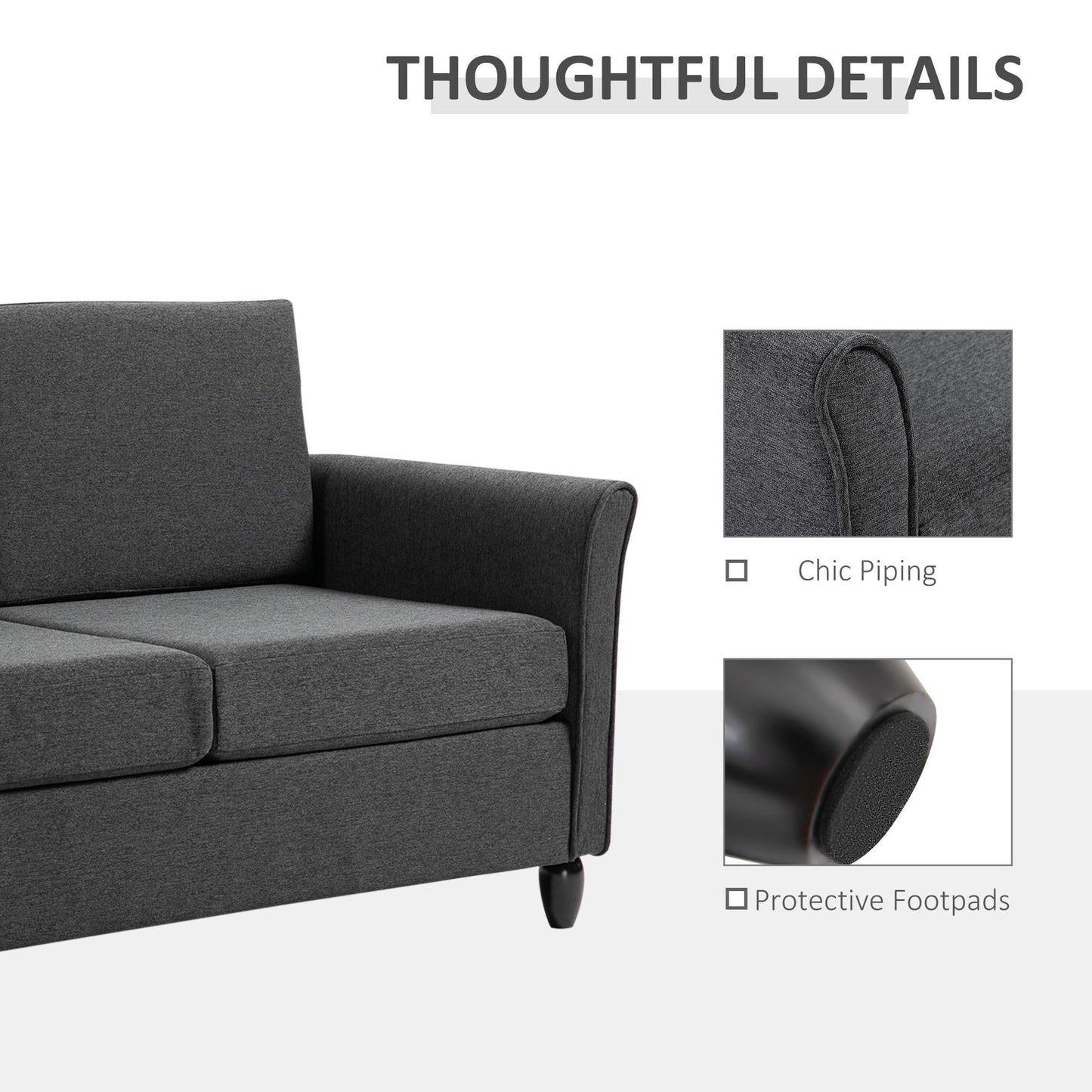 2-Seat Sofa Two-Seater Couch with Armrests and Wood Legs for Living Room, Bedroom, Dark Grey