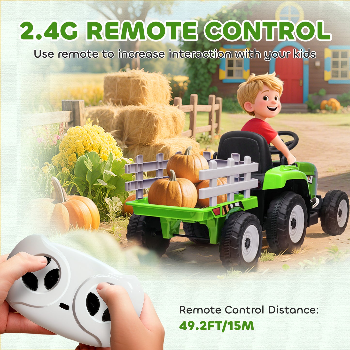 Aosom 12V Kids Ride on Tractor with Trailer, Battery Powered Electric Kids Car with Remote Control, Music Start up Sound and Horn, USB, LED Lights, Green